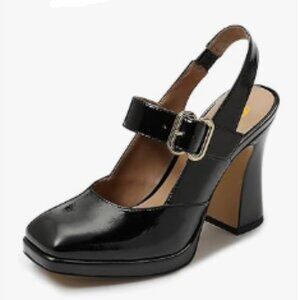 FYS Black Platform Square Toe Pumps Block High Heel Mary Janes Slingback Shoes